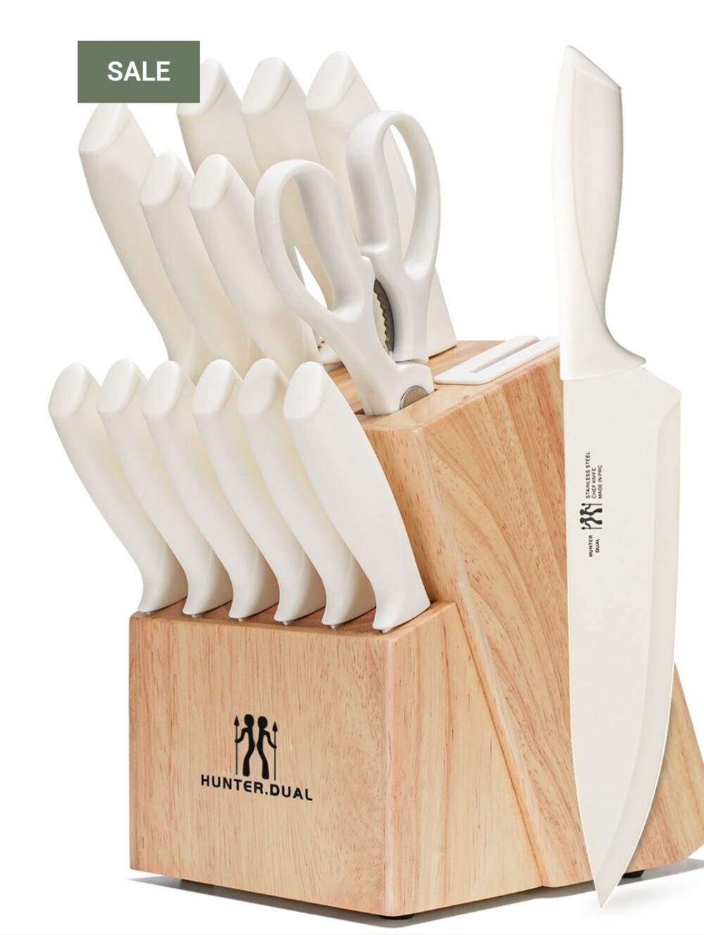 Hunter 15-Piece White Ceramic Knife Set with Natural Wood Block